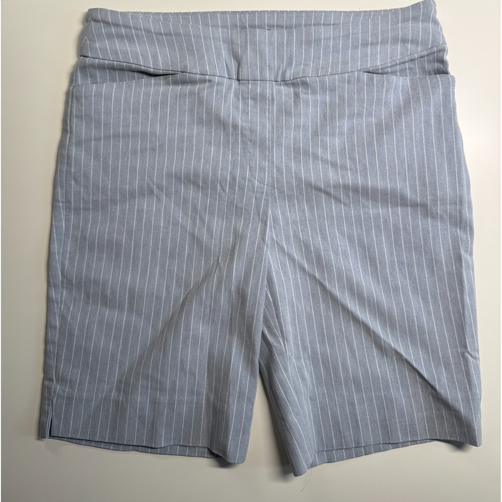 Hilary Radley Bermuda Shorts Womens M Blue Striped Stretch Side Slit Mid Rise